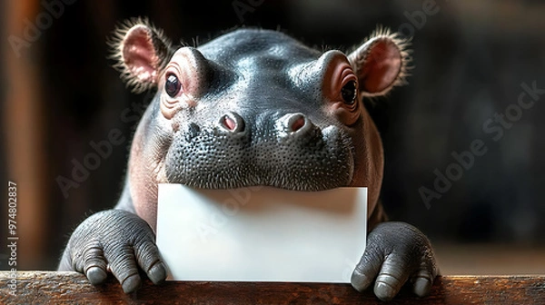 Fototapeta A hippopotamus is holding a white square sign.