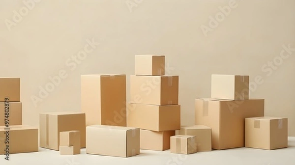 Fototapeta A collection of neatly stacked cardboard boxes in various sizes on a light solid color background, ideal for packaging concepts