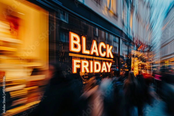 Fototapeta blurry image of a busy city street with a large sign that says Black Friday. The sign is lit up and stands out against the background of the city