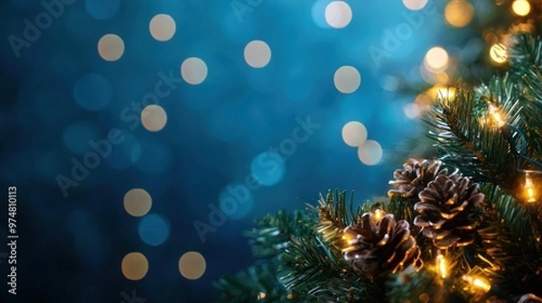 Fototapeta Glowing Christmas garland and blurred bokeh lights set against a deep blue background