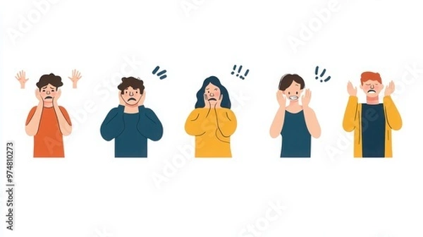 Fototapeta Characters in a minimalist style, each showcasing a different emotional state like frustration, relief, or confusion, white background 