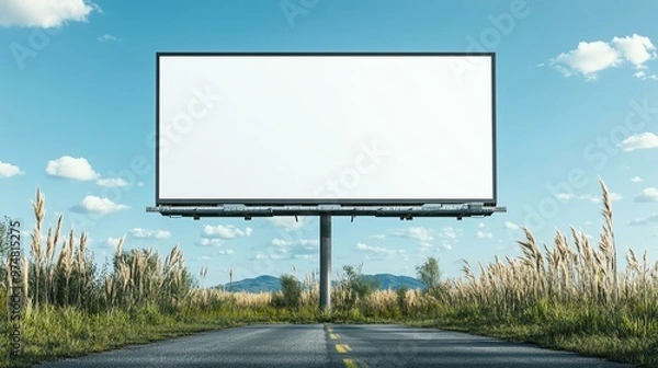 Obraz A blank billboard stands alongside a serene road, framed by green grass and a clear blue sky, perfect for advertising opportunities.