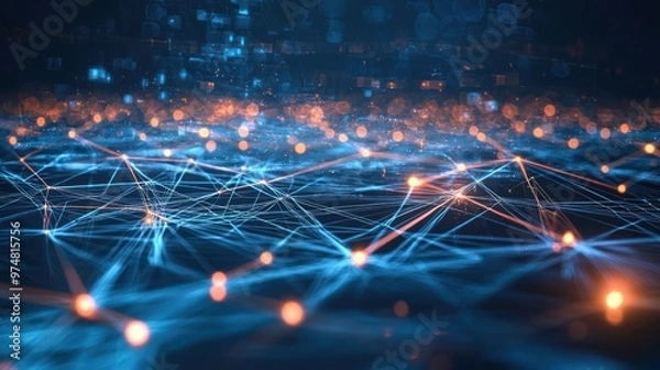 Fototapeta Futuristic lines and nodes connecting in an abstract technology communication background