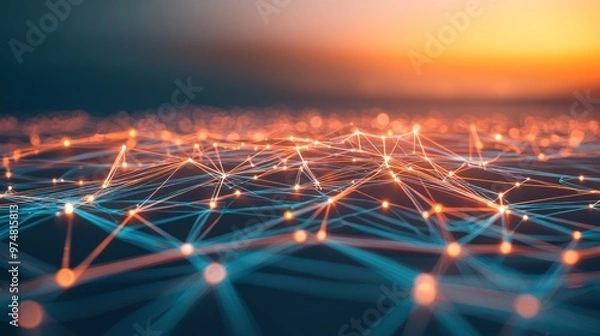 Fototapeta Futuristic lines and nodes connecting in an abstract technology communication background