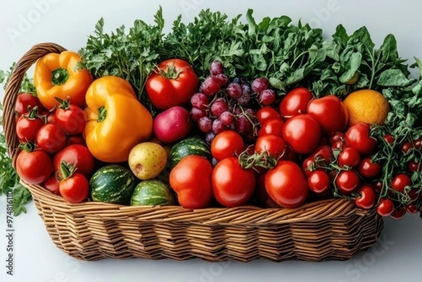 Fototapeta vibrant farmers market display overflowing wicker basket with fresh organic produce vivid colors and textures against crisp white background