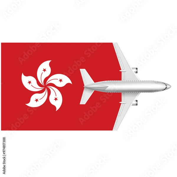 Fototapeta Hong Kong Flight: A sleek airplane takes flight over the red and white flag of Hong Kong, symbolizing travel, adventure, and exploration.  