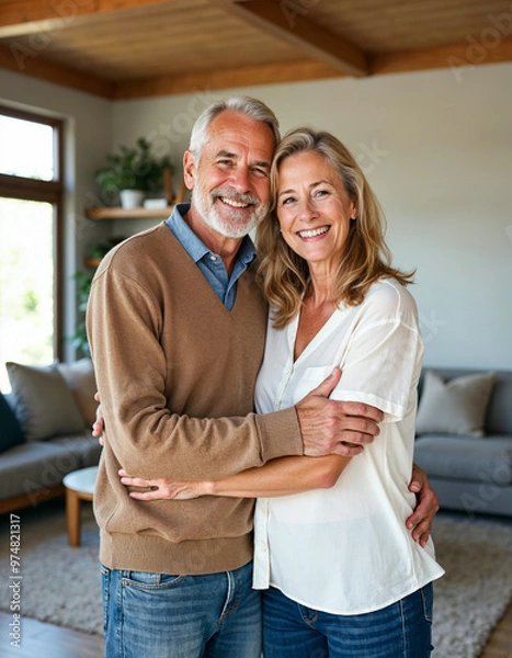 Obraz Happy senior couple embracing love home relationship goals retired lifestyle smiling portrait older adults happy together forever senior citizens enjoying retirement years affectionate joyful
