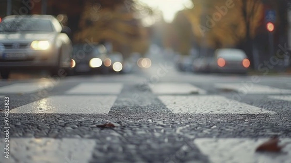 Fototapeta A blurry image of a busy street with cars and a crosswalk