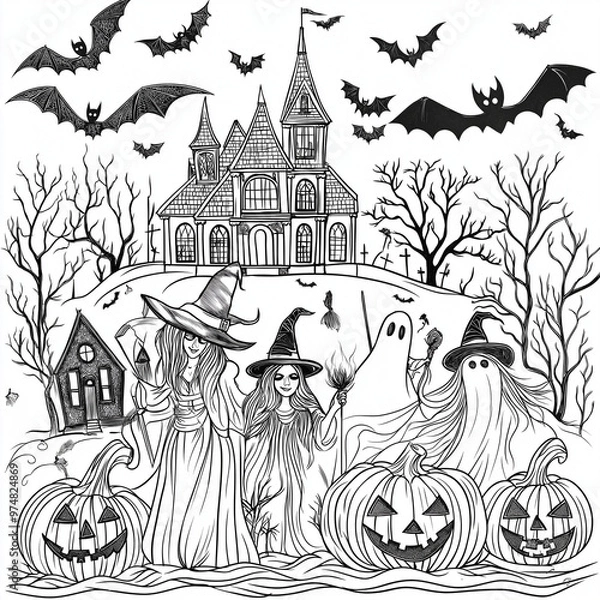 Obraz Halloween Coloring Page: Spooky and Fun with Witches, Pumpkins, and Haunted Houses - Clean Line Art for All Ages