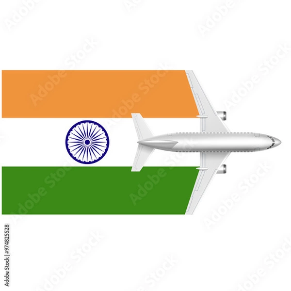 Fototapeta Airplane Taking Off From India Flag:  A white commercial airplane takes off from the Indian flag, symbolizing travel, exploration, and connection to India. 