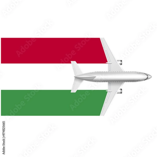 Fototapeta Hungarian Travel: A white airplane soars over the Hungarian flag, symbolizing adventure, freedom, and exploration. 