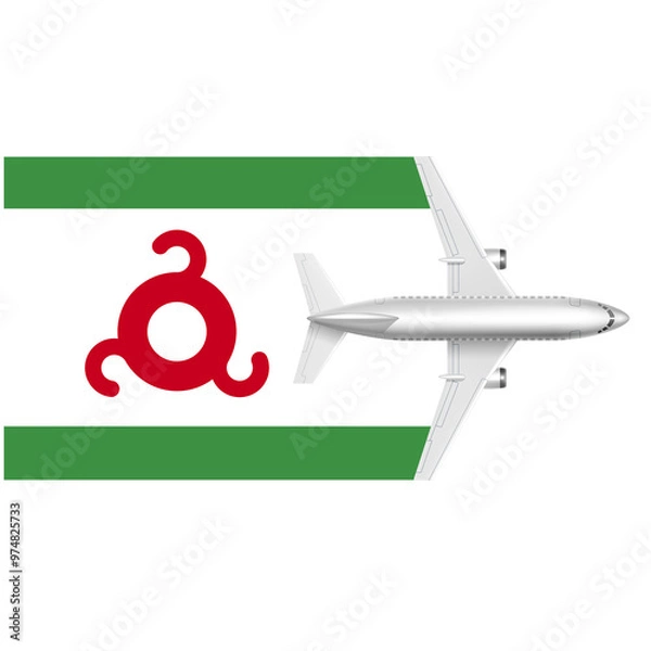 Fototapeta Airplane Taking Off From Ingushetia Flag: A white airplane takes off from a green and red Ingushetia flag, soaring towards the horizon. The symbol of travel, freedom, and exploration.  