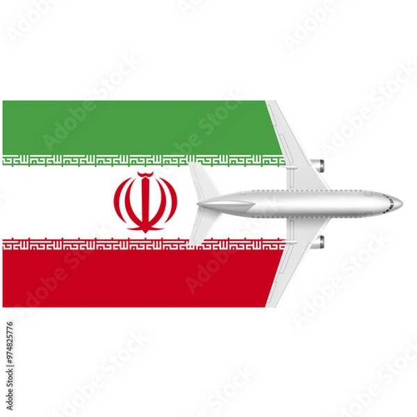 Fototapeta Iran Air Travel: A sleek, silver airplane soars across the vibrant green, white, and red stripes of the Iranian flag, symbolizing international travel, tourism, and connection to the Middle East. 