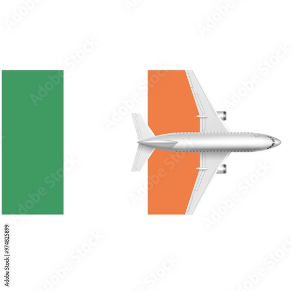 Fototapeta Irish Travel:  A white airplane with orange and green wings flies over a white background with a green and orange flag in the background.  