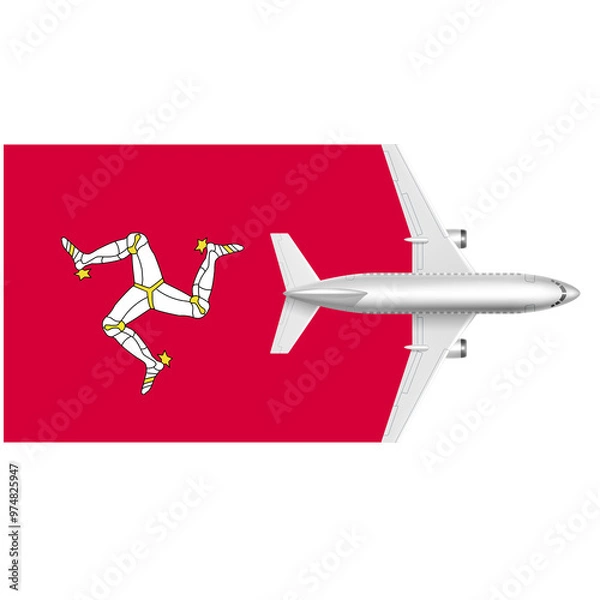 Fototapeta Isle of Man Flag with Airplane: Symbolic image of a white airplane taking off over the red and yellow Isle of Man flag, representing travel, tourism, and connections. Perfect for travel agencies, air