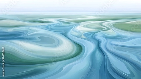 Fototapeta Abstract aerial view of a river winding through a green landscape.