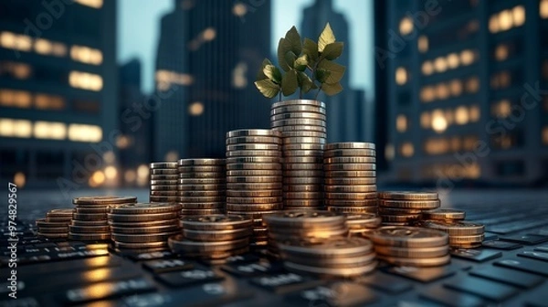 Fototapeta A stack of coins with a vibrant green plant growing on top, symbolizing growth and prosperity in a financial setting.