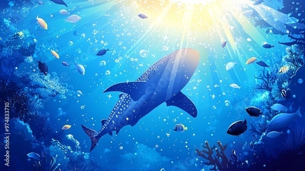 Fototapeta A whale shark swims through a coral reef with colorful fish and sunlight shining through the water.