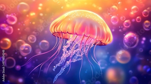 Fototapeta A vibrant, glowing jellyfish with pink tentacles floats amidst colorful bubbles in a deep blue ocean.
