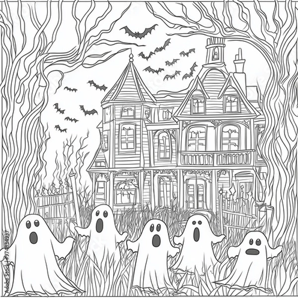 Fototapeta Halloween Coloring Page: Spooky and Fun Haunted House with Bats and Ghosts - Clean Line Art for All Ages - Black and white - Printable pages 