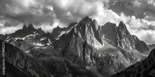 Fototapeta A majestic mountain range captured in black and white photography, suitable for use in editorial or commercial projects