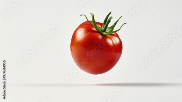 Fototapeta A single red tomato suspended in mid-air on a white background