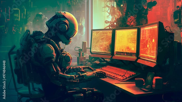 Obraz A robot sits at a tech desk filled with multiple digital. Illustration art, Ai generate