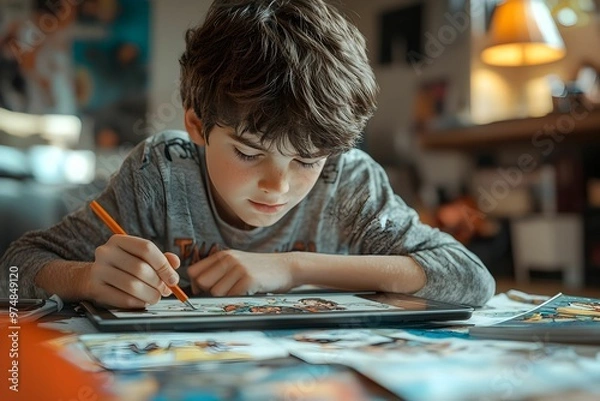 Fototapeta Young boy engaged in coloring activity at home in afternoon light