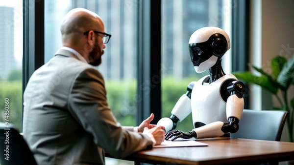 Fototapeta AI and Human Interaction in a Professional Environment, Job Interview Scene