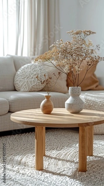 Fototapeta A warm and clean living room scene, with the coffee table used as a product display surface
