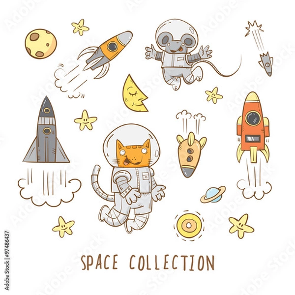 Fototapeta Space set. Cartoon cat  astronaut and  mouse  astronaut fly in space. Vector doodle image.