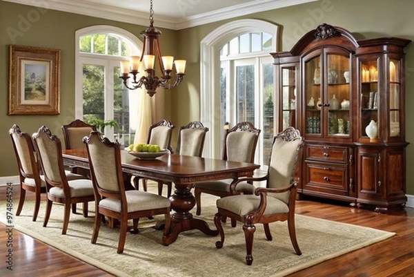 Fototapeta Elegant nine-piece dining room furniture set featuring a rich wood tone table, matching chairs, and coordinating hutch,