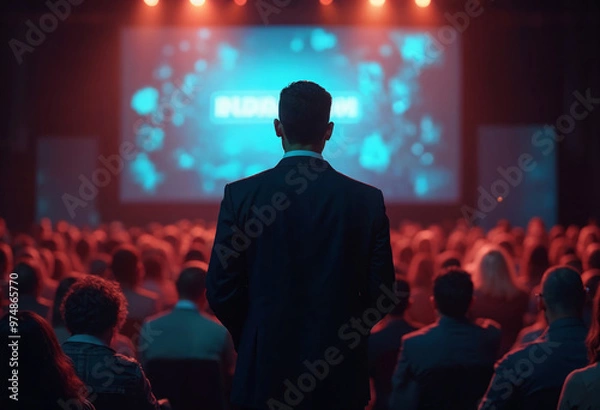 Fototapeta Back view of motivational speaker standing on stage