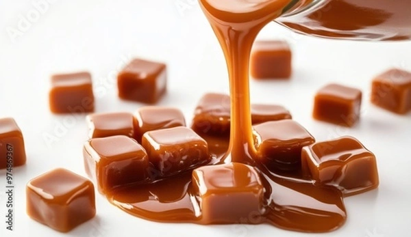 Fototapeta Caramel pouring over square pieces on a white surface in a bright setting