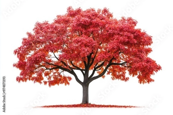 Fototapeta Detailed maple tree with vibrant red leaves, isolated on white, autumn theme
