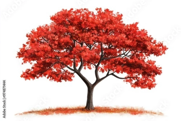 Fototapeta Detailed maple tree with vibrant red leaves, isolated on white, autumn theme