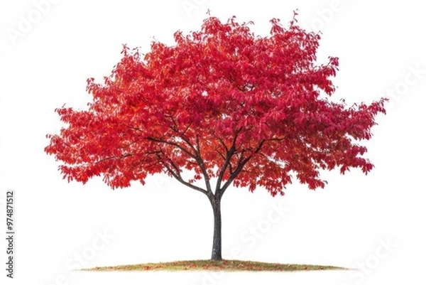 Fototapeta Detailed maple tree with vibrant red leaves, isolated on white, autumn theme