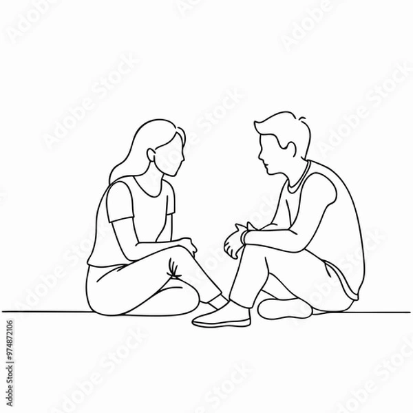 Fototapeta Young couple engaged in a heartfelt conversation while sitting on the floor with a simple background copy space
