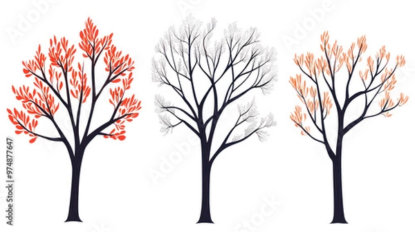 Fototapeta three tree silhouettes, two on the sides have little to no leaves, on the middle has no leaves