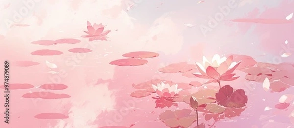 Fototapeta Delicate pink lotus flower gently resting on the surface of water