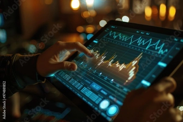 Fototapeta A person reviewing a chart on their tablet, potentially for business or work purposes