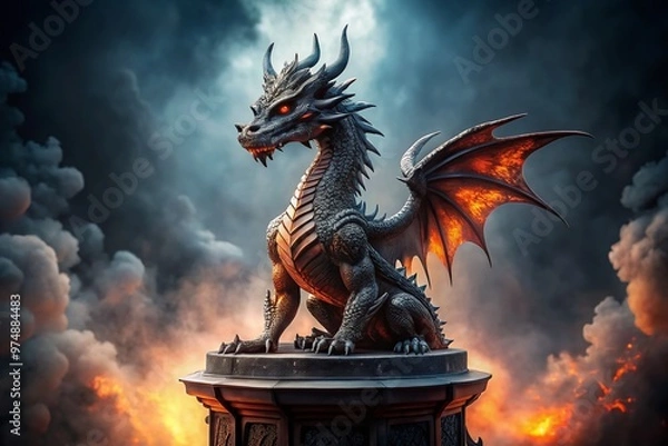 Fototapeta Majestic ancient dragon statue with intricate scales and fiery eyes sits atop a pedestal, surrounded by misty fog,