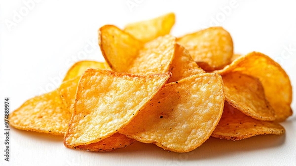 Fototapeta potato chips arranged in a satisfying texture, offering a close-up view of their crunchy, golden surface. Perfect for themes of indulgence and snack pleasure