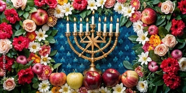 Fototapeta Jewish celebration with menorah and festive fruits and apples in vibrant floral arrangement