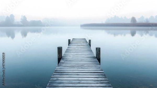 Fototapeta Tranquil wooden pier extending into a misty calm lake at dawn surrounded by soft fog
