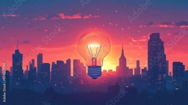 Fototapeta Lightbulb Illuminated Against A Vibrant City Skyline At Dusk Representing Innovative Ideas And Creativity In Urban Development