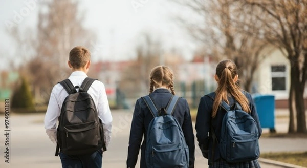 Obraz Back to school: Three students walking with backpacks