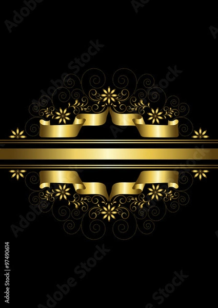 Fototapeta Golden ribbon framed by flowers with twisted lines and beads
