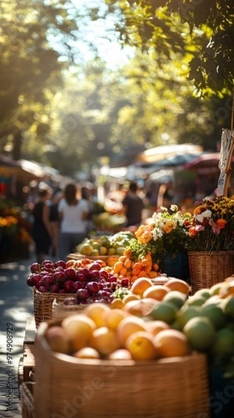 Fototapeta A vibrant farmers market scene with colorful stalls of fresh produce, surrounded by nature and people savoring the moment in soft focus