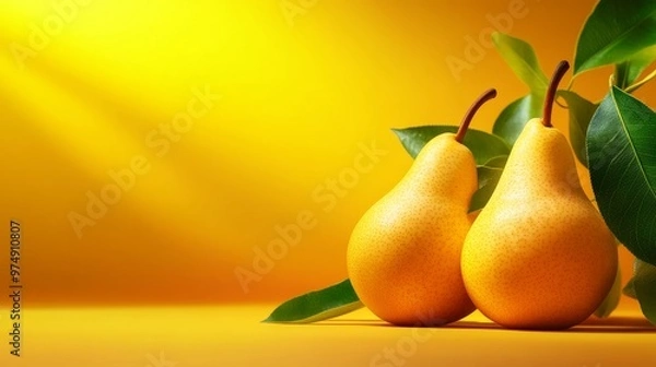 Fototapeta Two ripe pears with green leaves on a bright yellow background, perfect for healthy food graphics and promoting a fresh and vibrant lifestyle.